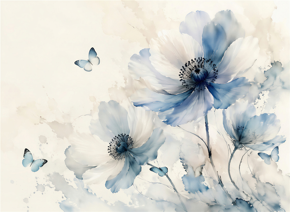 Fototapeten blaue Mohnblumen mit Aquarellschmetterlingen