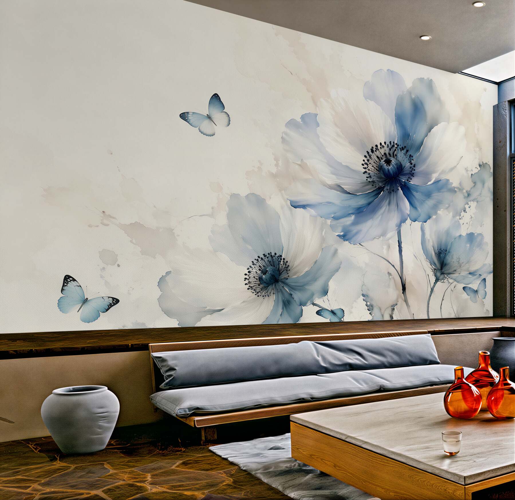 Fototapeten blaue Mohnblumen mit Aquarellschmetterlingen