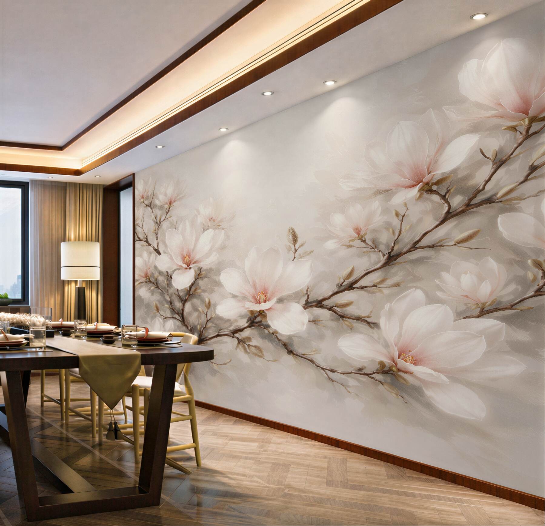 Fototapeten pastellfarbene Magnolia auf einem zarten Zweig