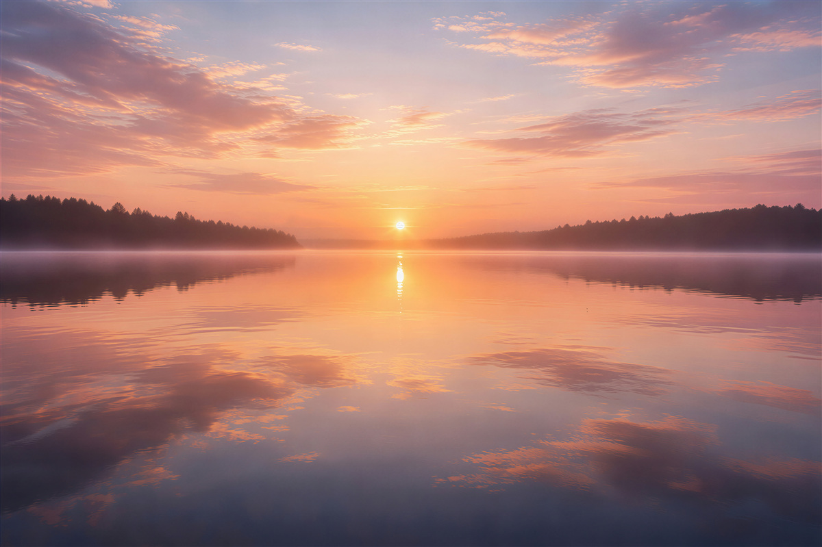Fototapeten pastellfarbener Sonnenaufgang über dem See