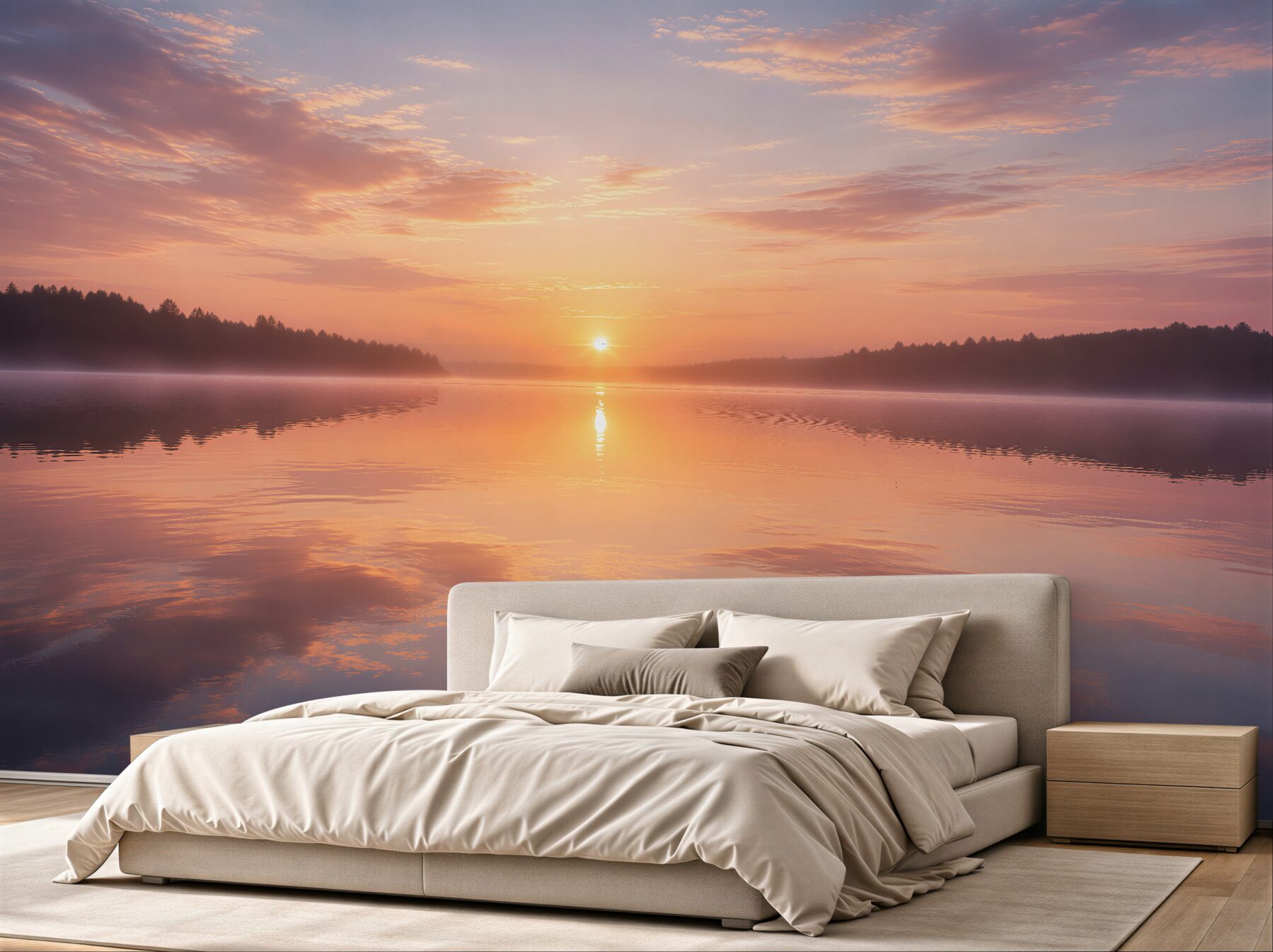 Fototapeten pastellfarbener Sonnenaufgang über dem See