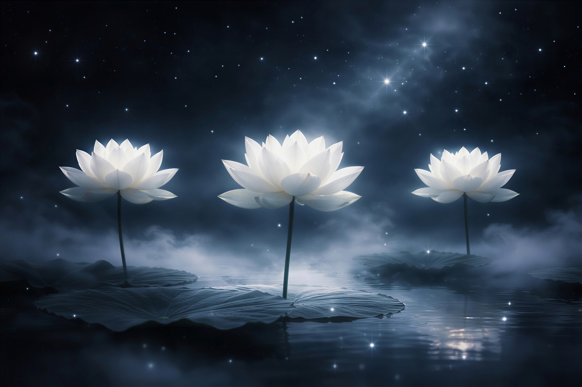 Fototapeten weiße Lotosblumen im sternenklaren Nebel