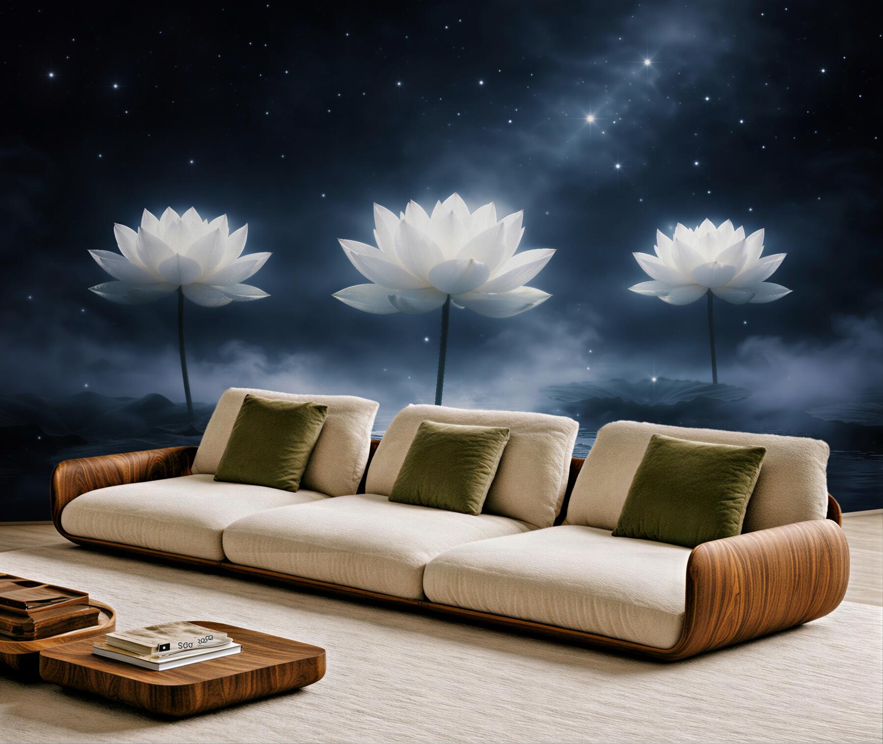 Fototapeten weiße Lotosblumen im sternenklaren Nebel