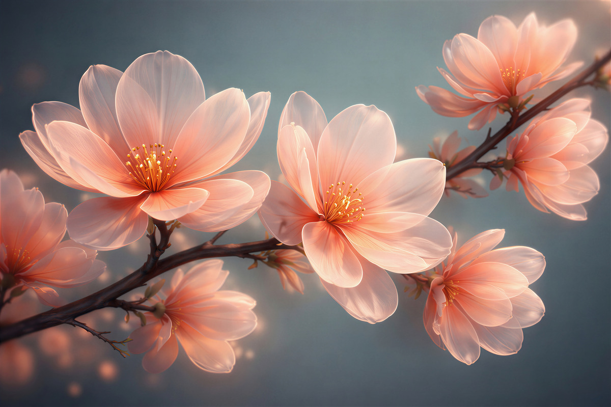 Fototapeten leuchtende Magnolienblüten bei Sonnenaufgang