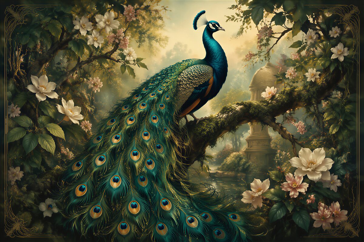Fototapeten Pfau in einem verzauberten Garten