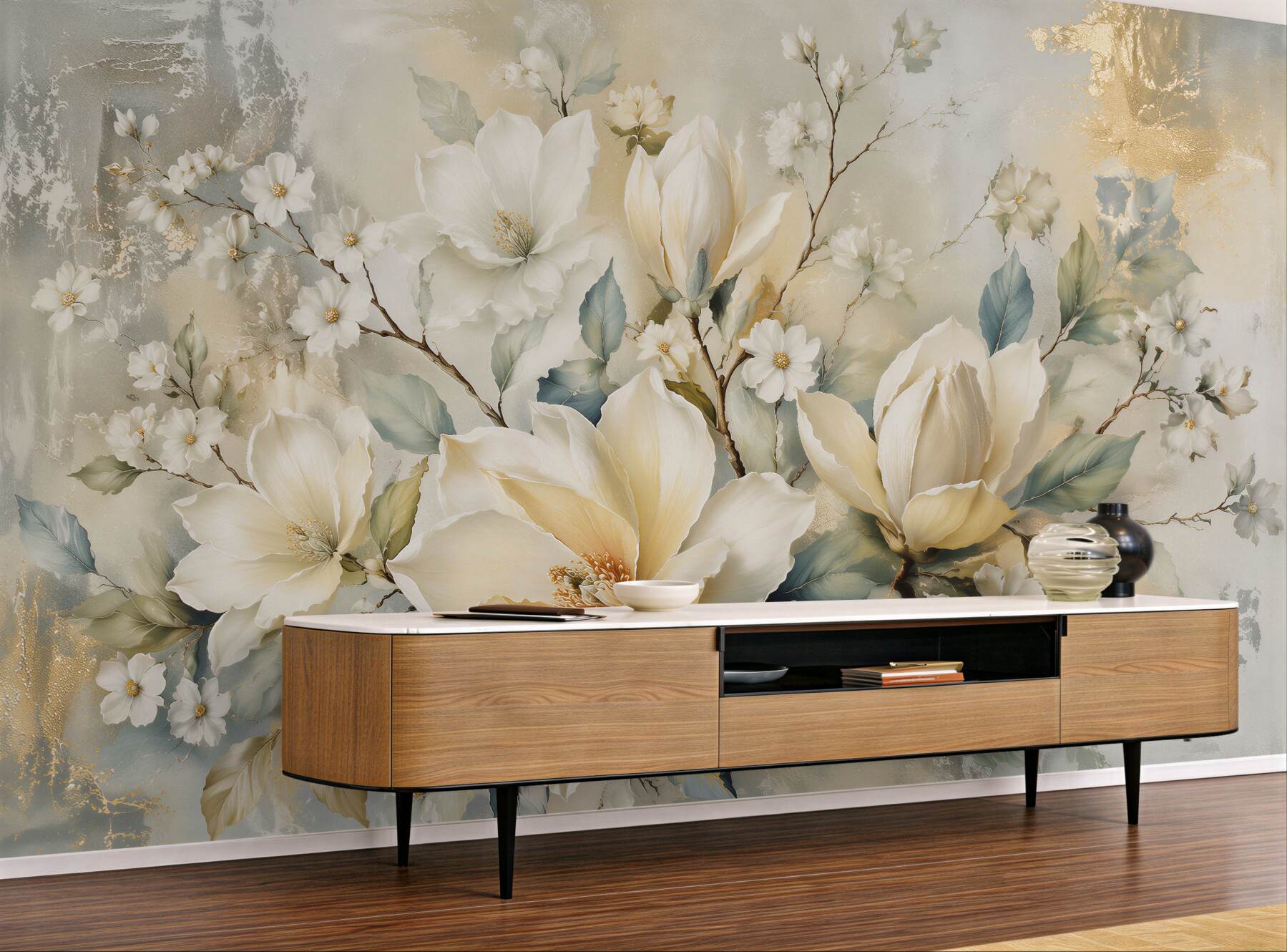 Fototapeten cremfarbene Magnolien mit Gold