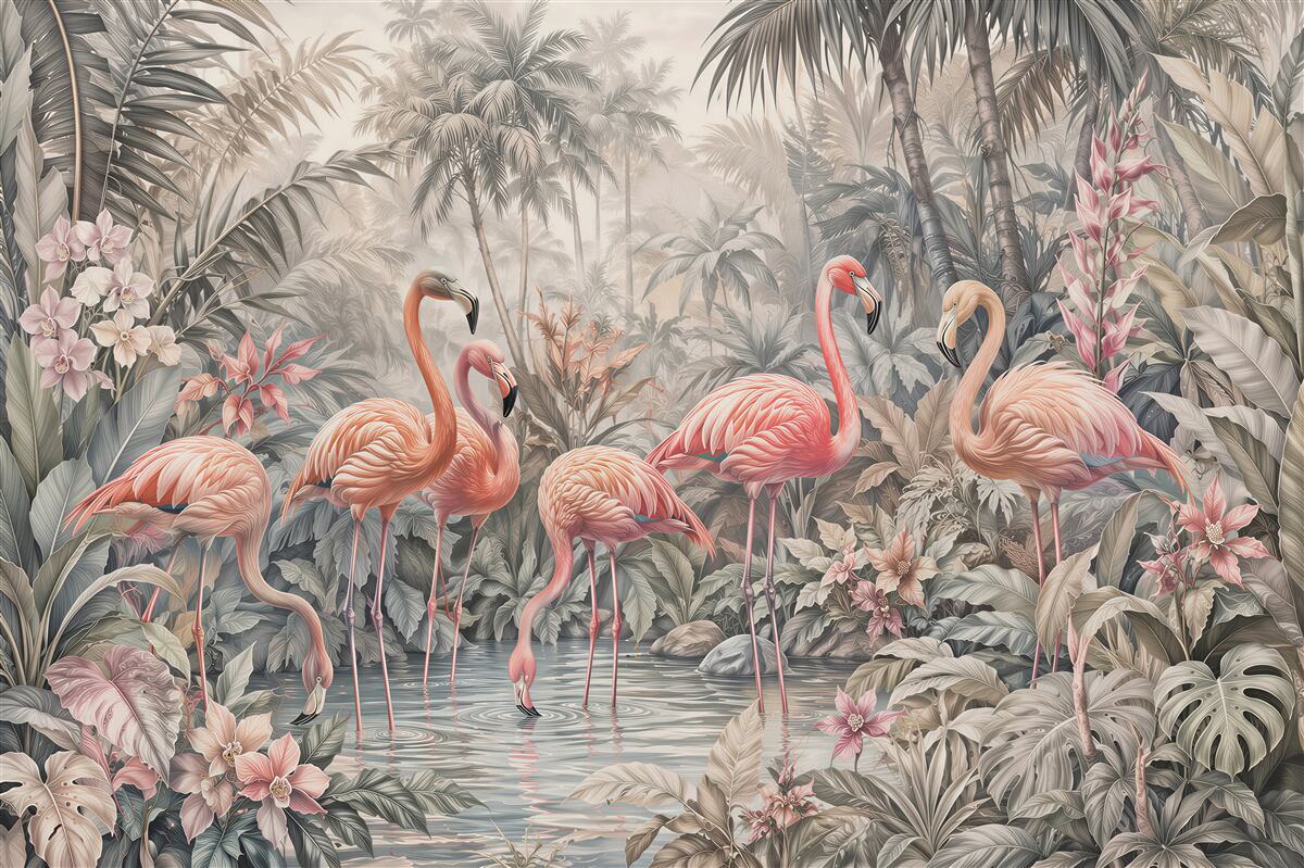 Fototapeten Flamingos in pastellfarbener Dschungel
