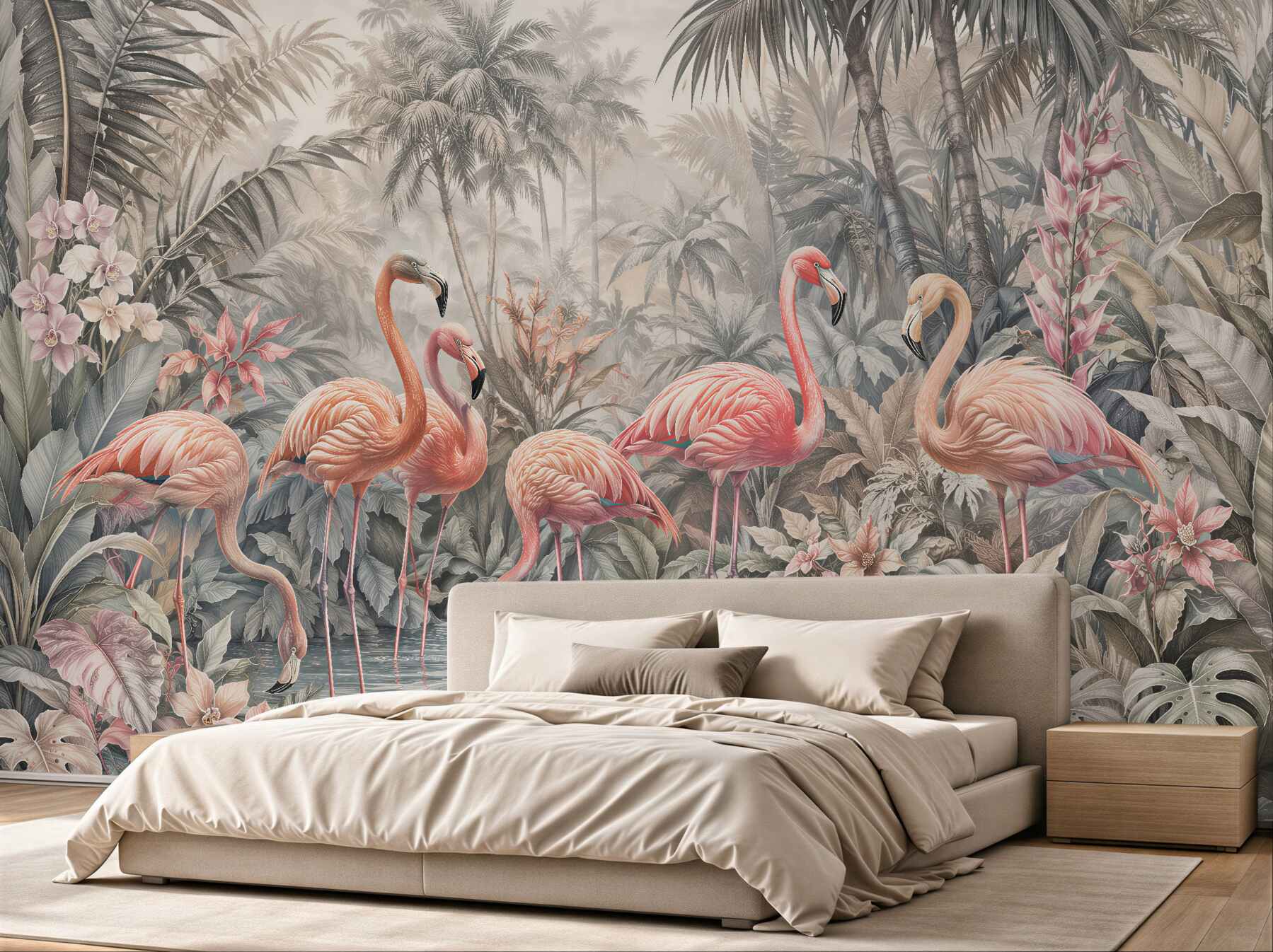 Fototapeten Flamingos in pastellfarbener Dschungel