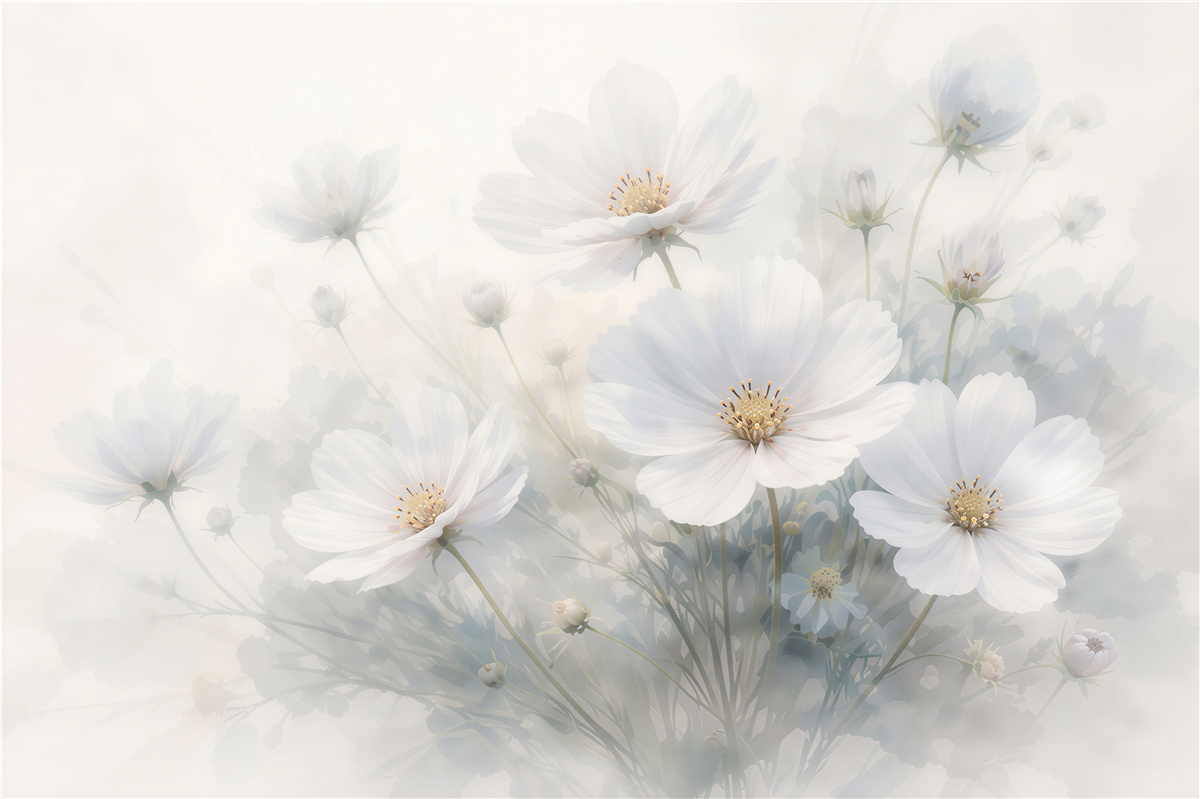 Fototapeten zarte weiße Blumen im Nebel