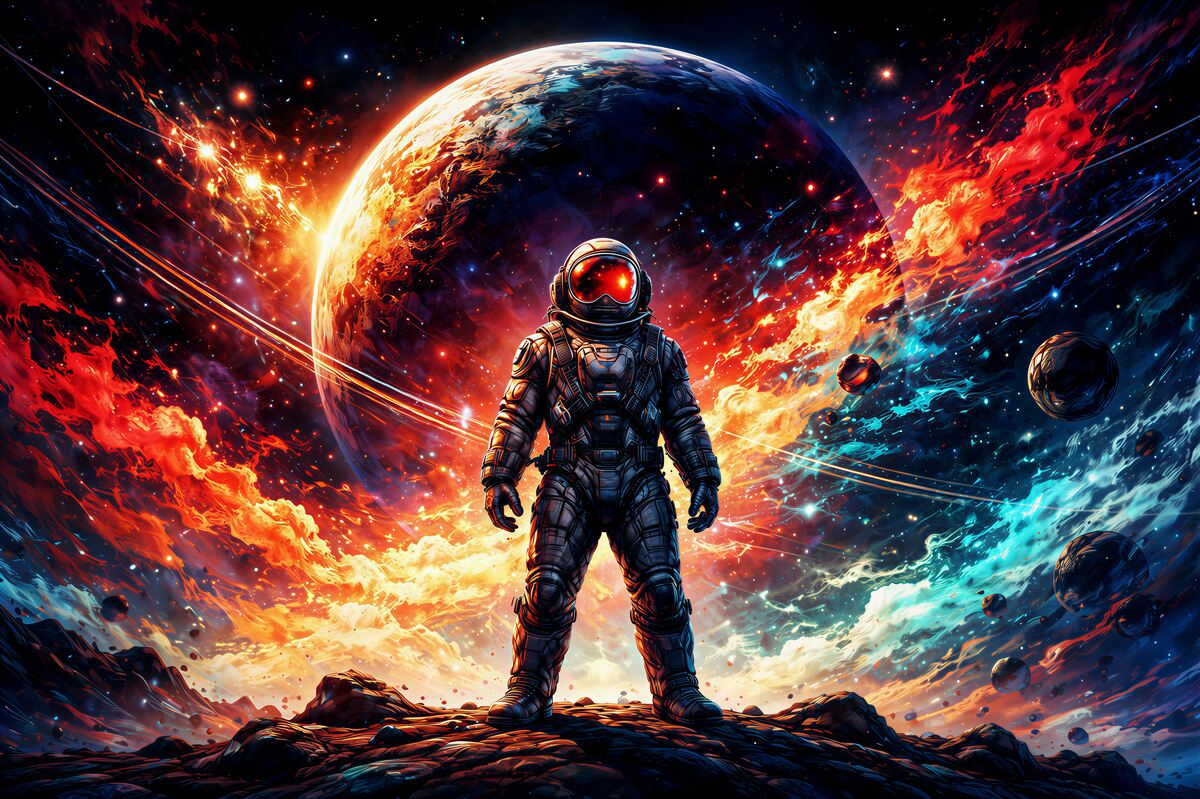 Fototapeten kosmischer astronaut in brennender galaxie