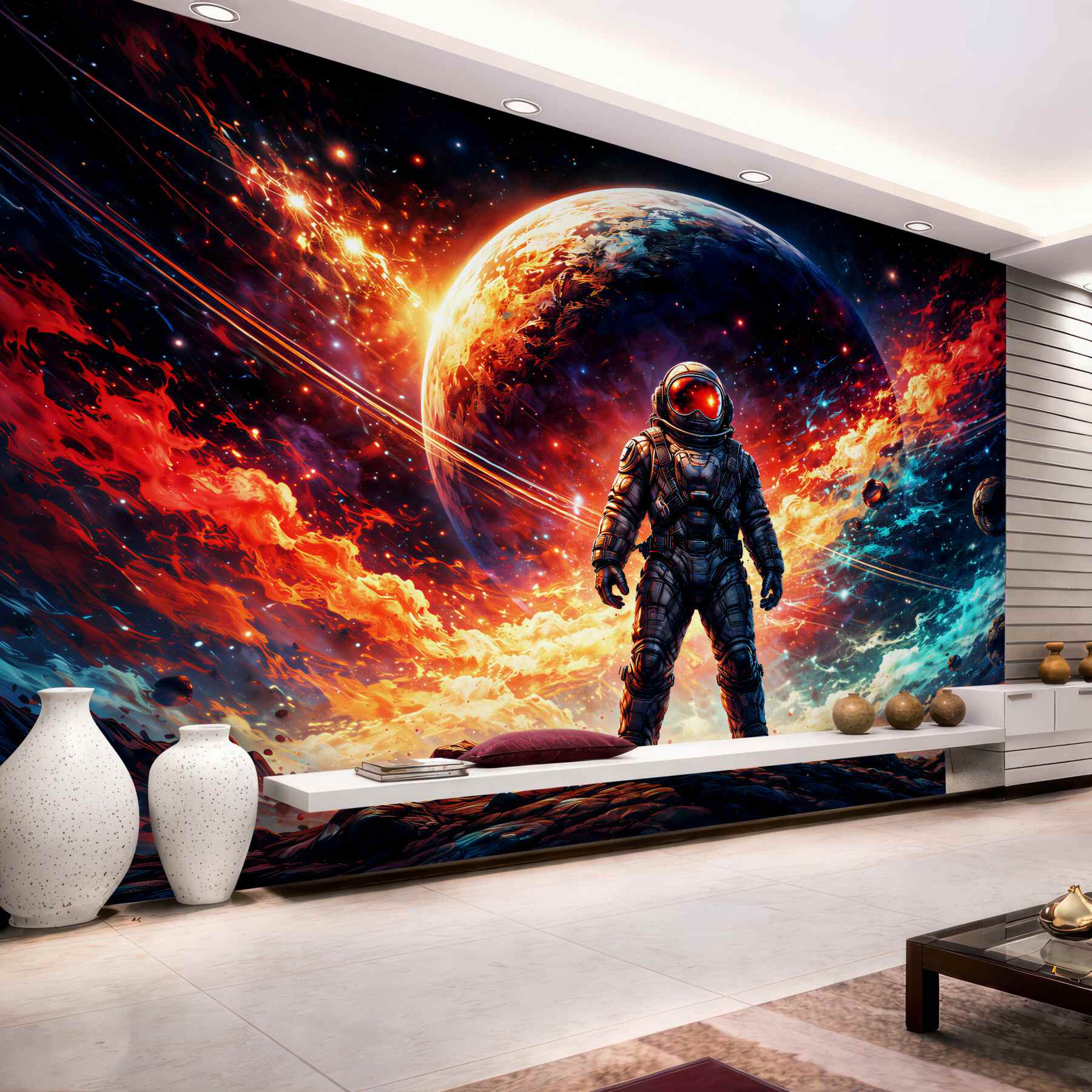 Fototapeten kosmischer astronaut in brennender galaxie