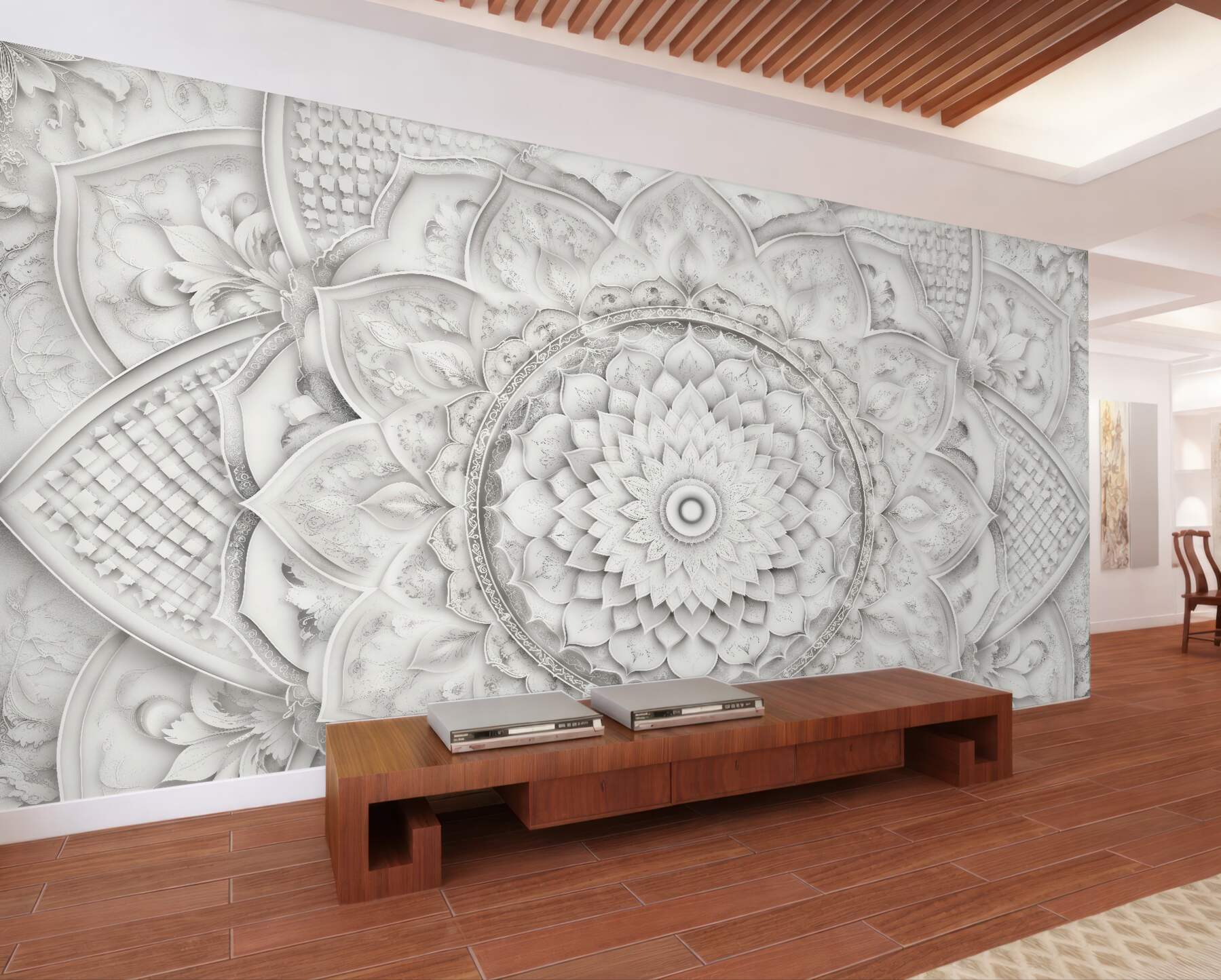 Fototapeten perlmuttfarbene Mandala im Glamour-Stil