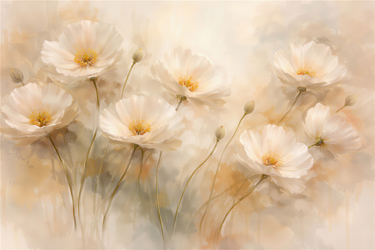 Fototapeten cremefarbene Blumen in leuchtendem Nebel
