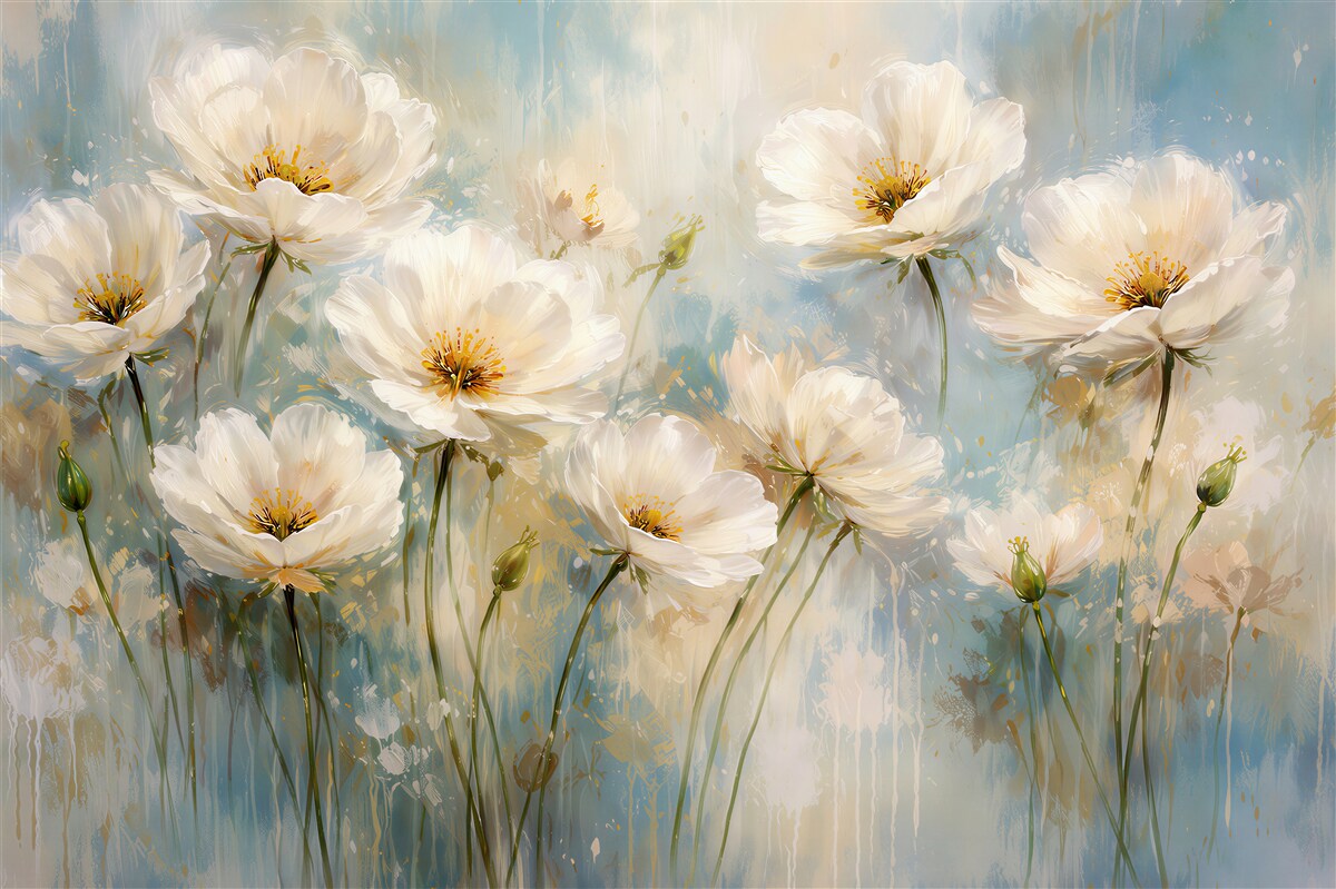 Fototapeten weiße Blumen auf blauem Hintergrund