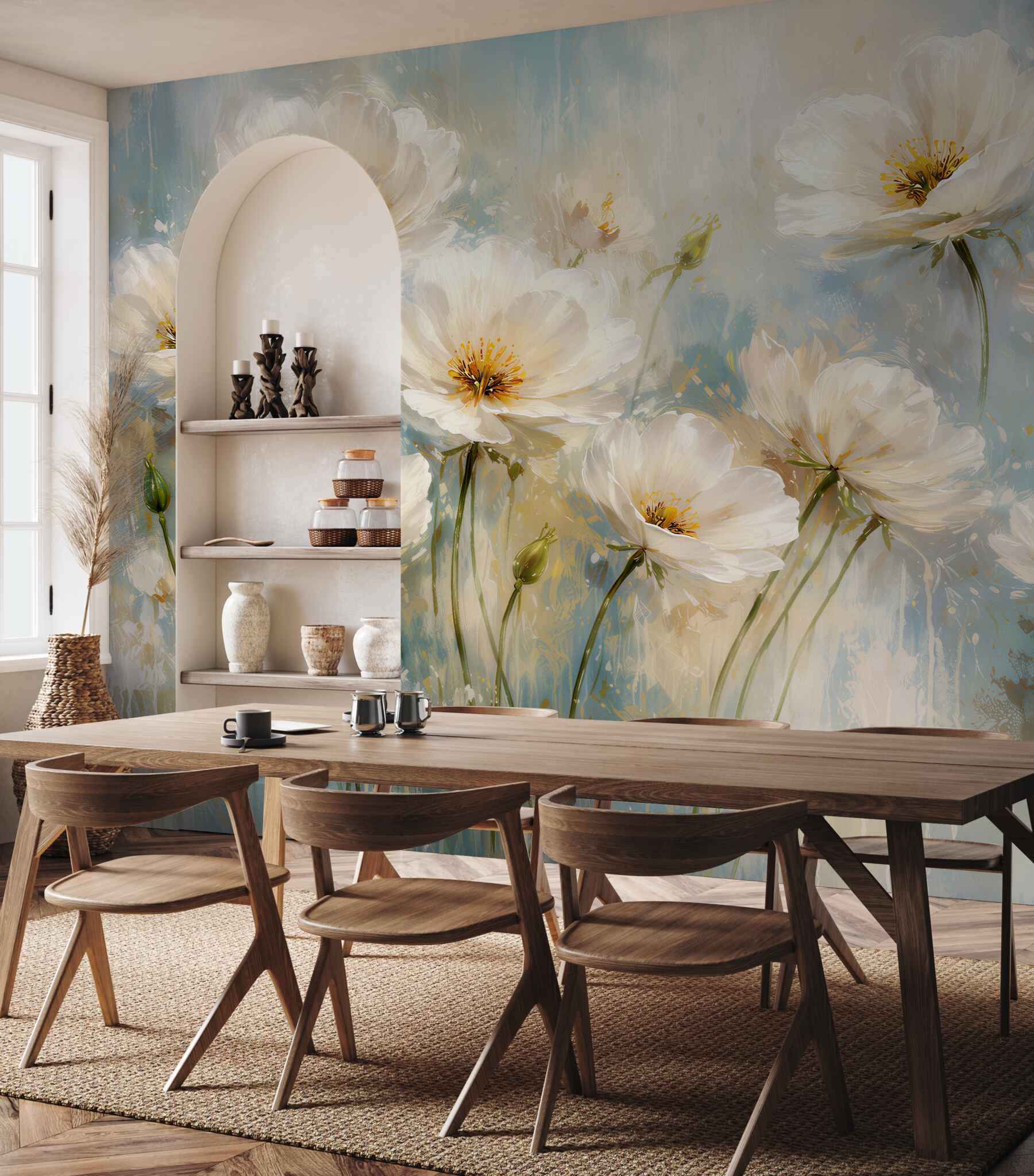 Fototapeten weiße Blumen auf blauem Hintergrund