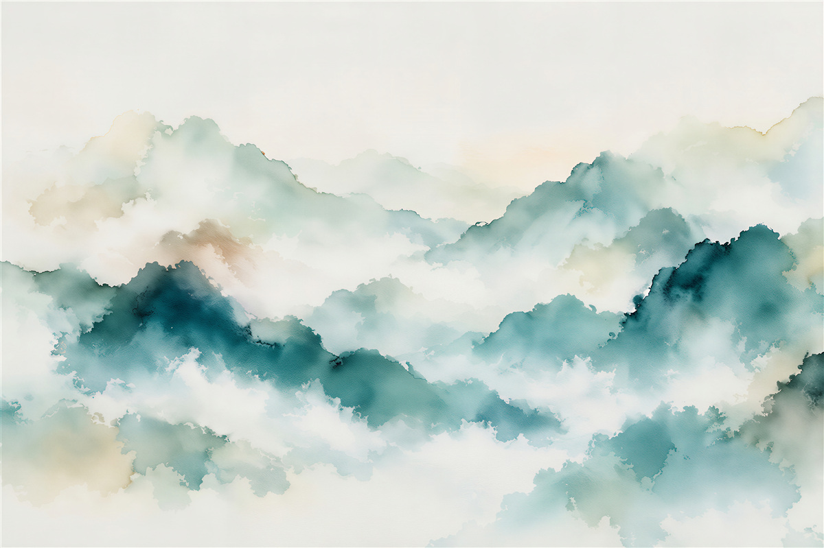 Fototapeten Aquarellberge in leichter Nebel