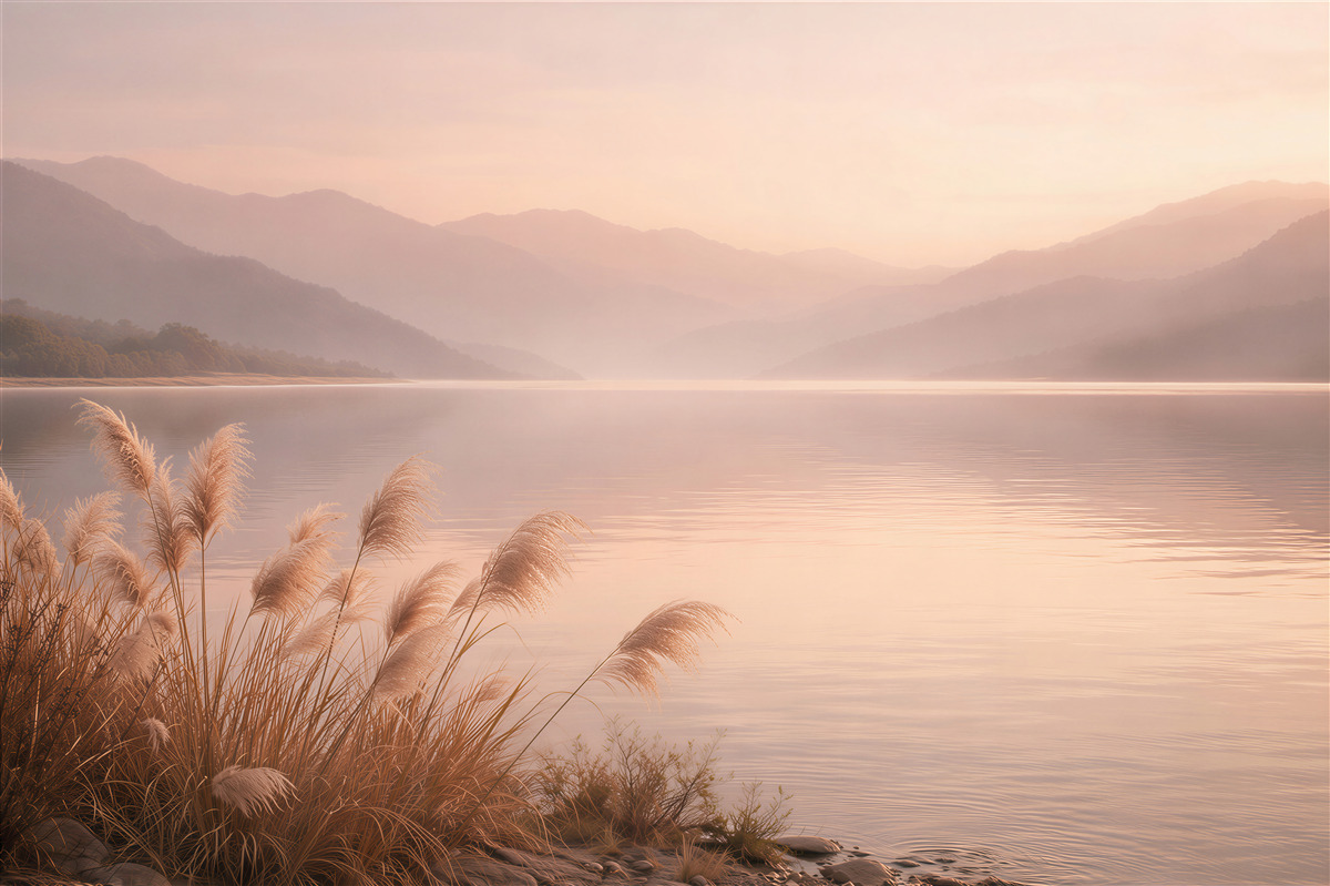 Fototapeten See bei Sonnenaufgang in den Bergen