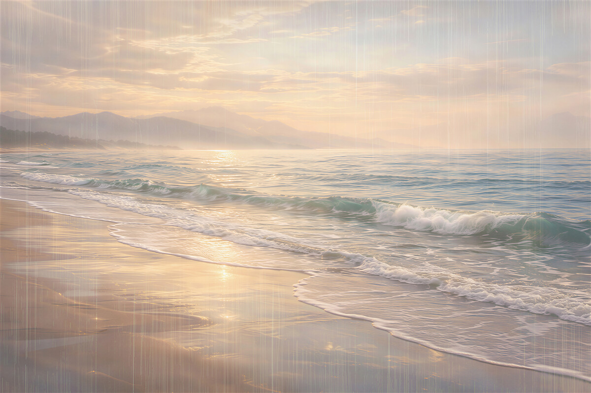 Fototapeten goldener Sonnenaufgang über einem ruhigen Strand