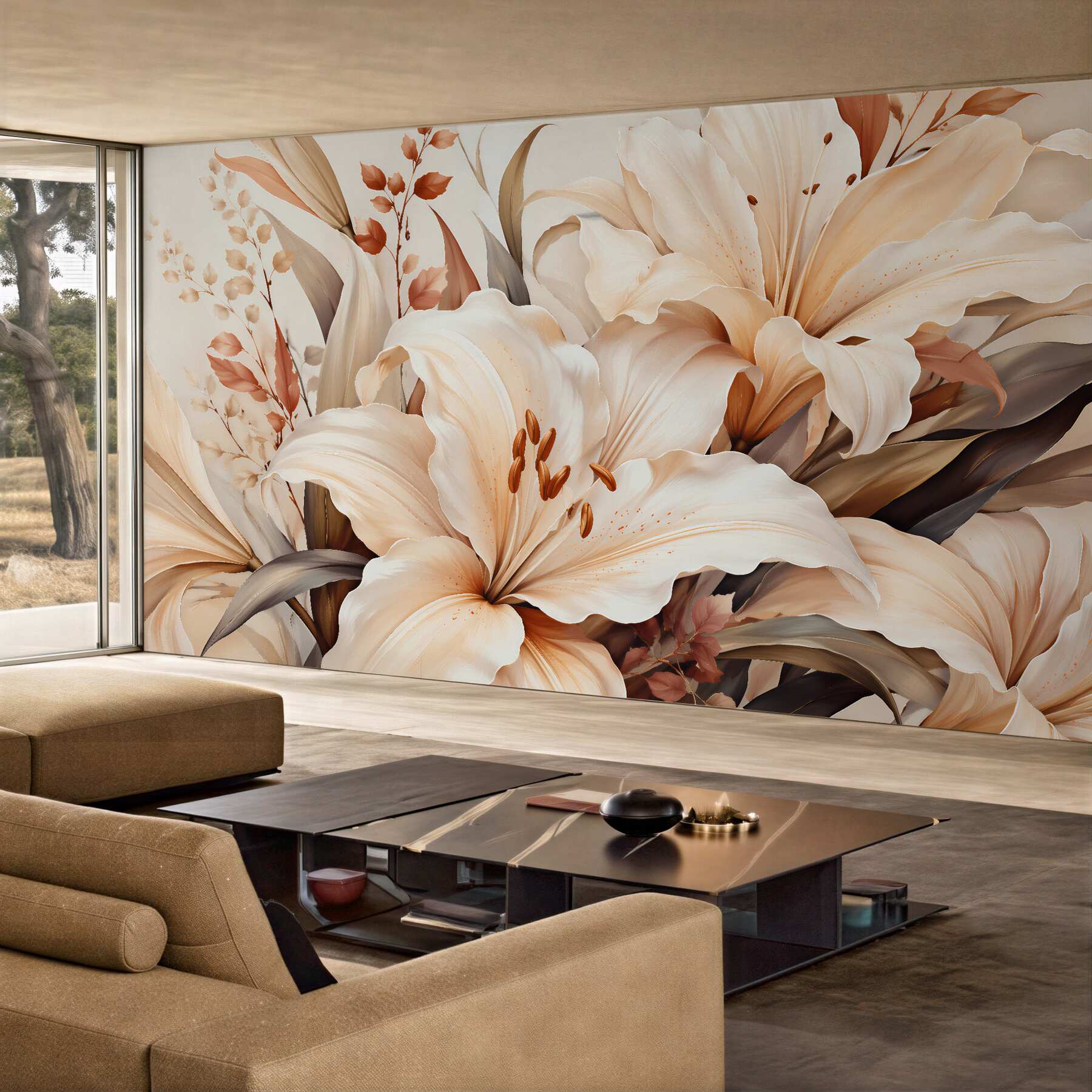 Fototapeten elegante Lilien in Beige