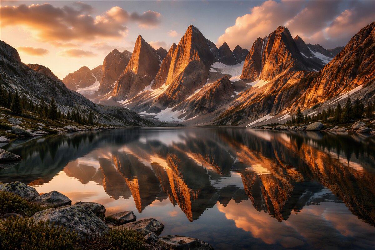 Fototapeten goldene Gipfel über einem Bergsee