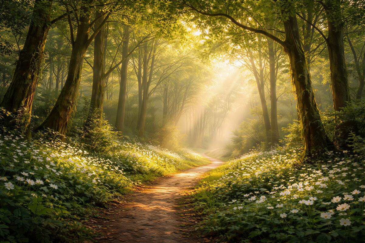 Fototapeten Waldweg im Sonnenlicht