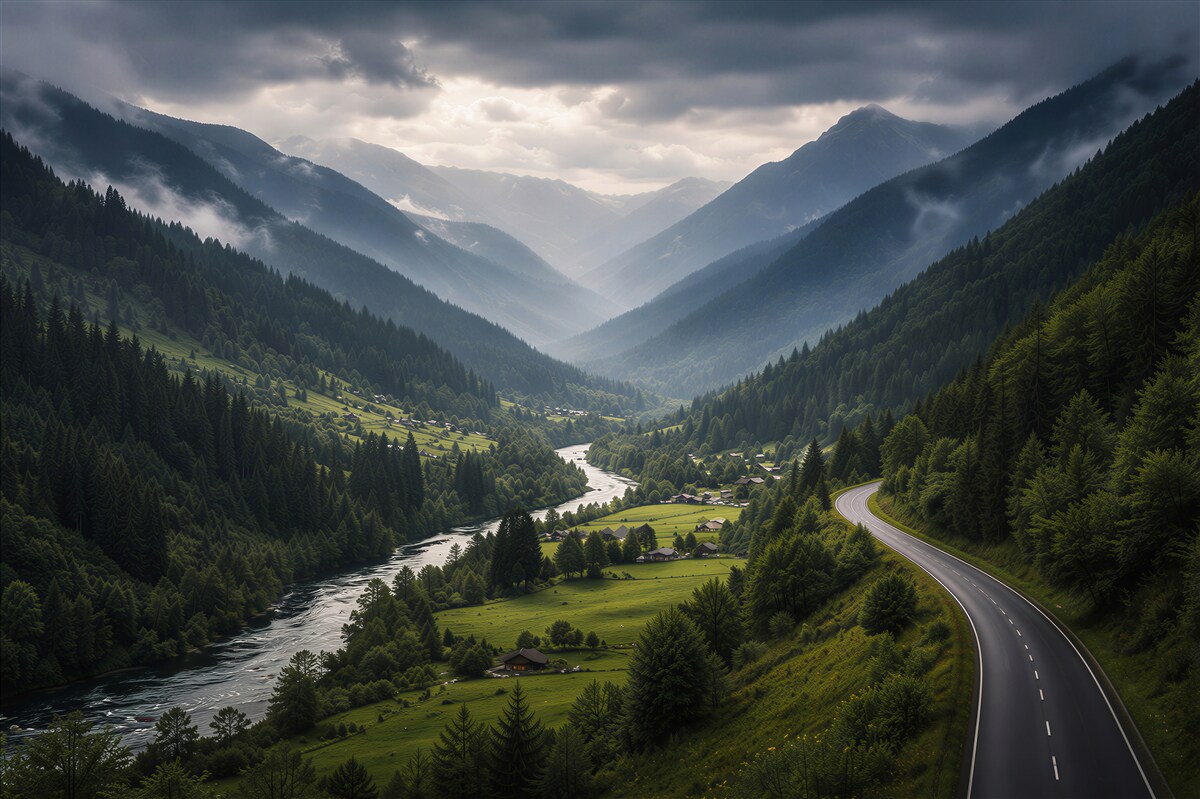 Fototapeten malerisches Tal mit einer kurvenreichen Straße