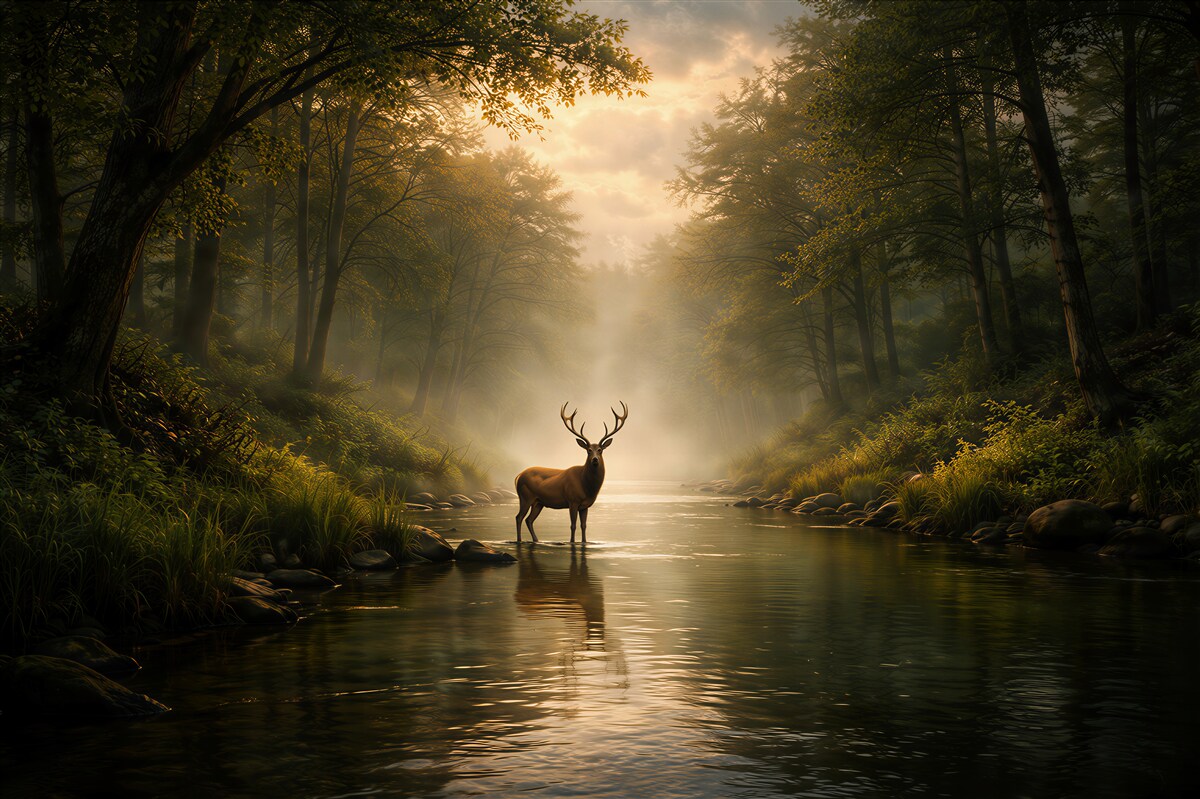 Fototapeten Hirsch bei Sonnenaufgang in einem Waldfluss