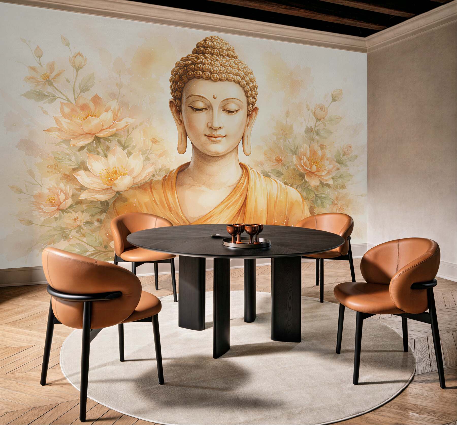 Fototapeten goldener Buddha in Blumen