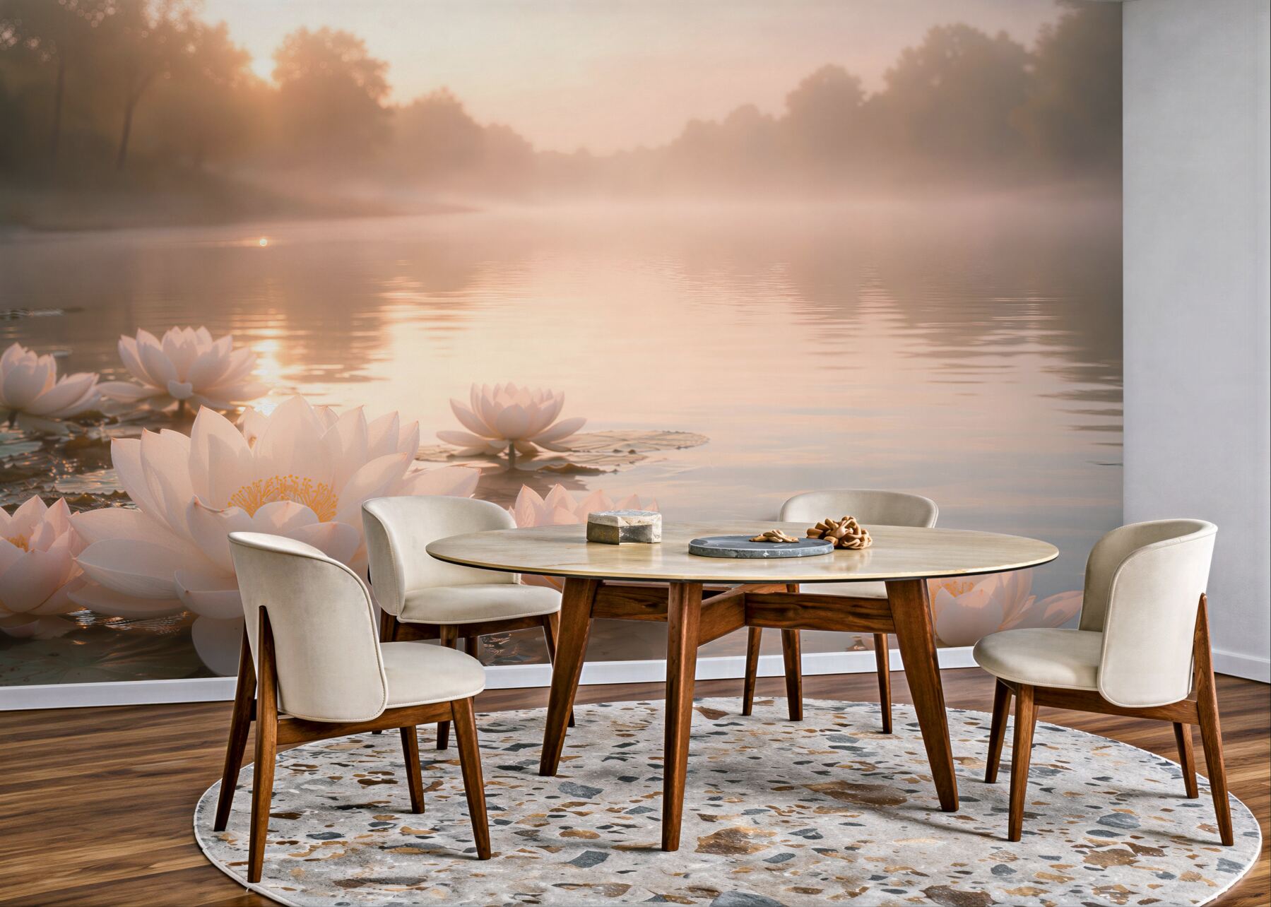 Fototapeten Lotos bei Sonnenaufgang am See