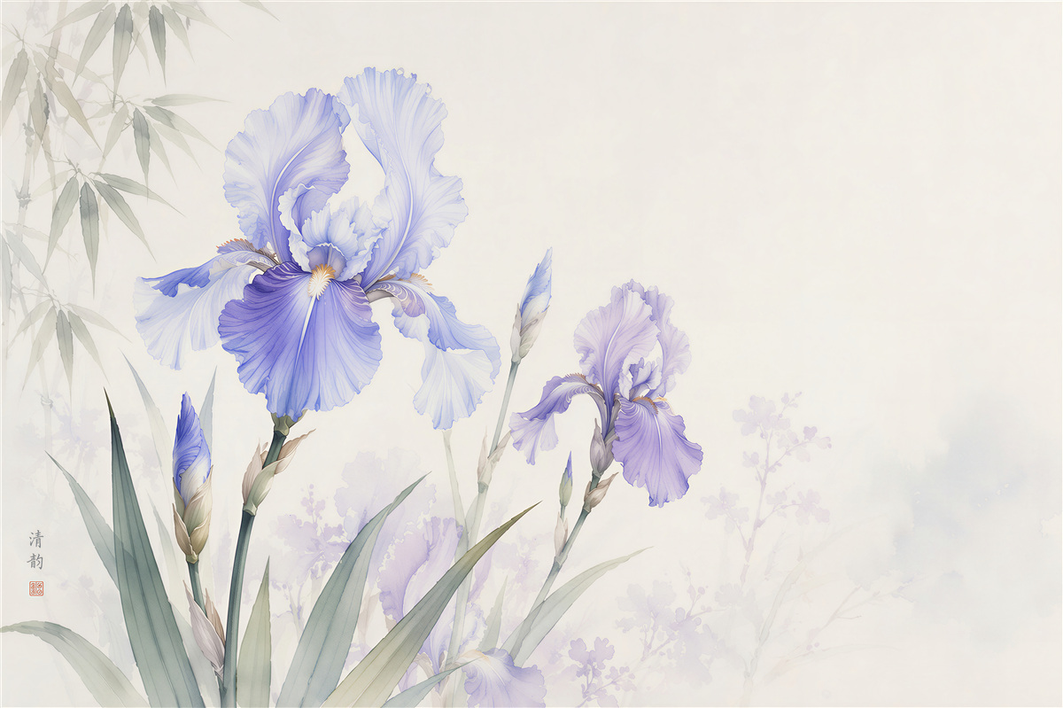 Fototapeten lilafarbene Iris in zarter Aquarell