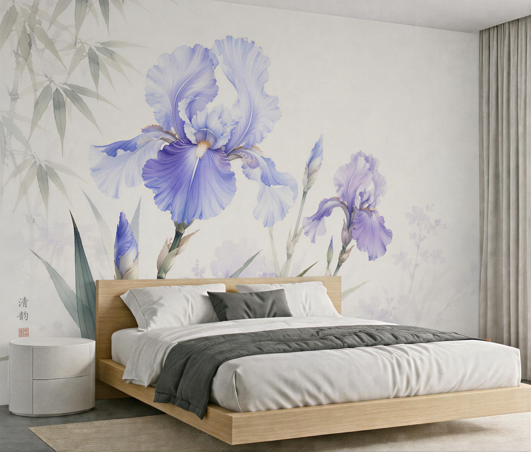 Fototapeten lilafarbene Iris in zarter Aquarell