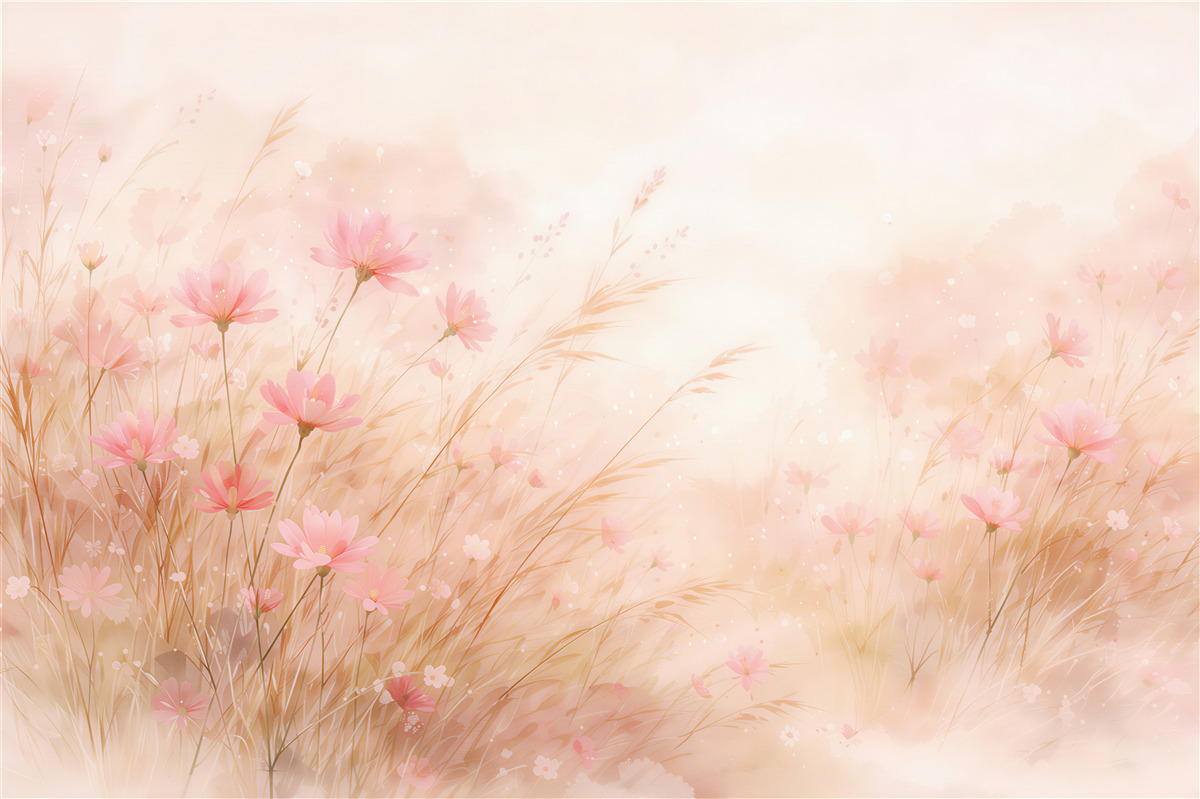 Fototapeten pastellfarbene Wiese mit rosa Blumen