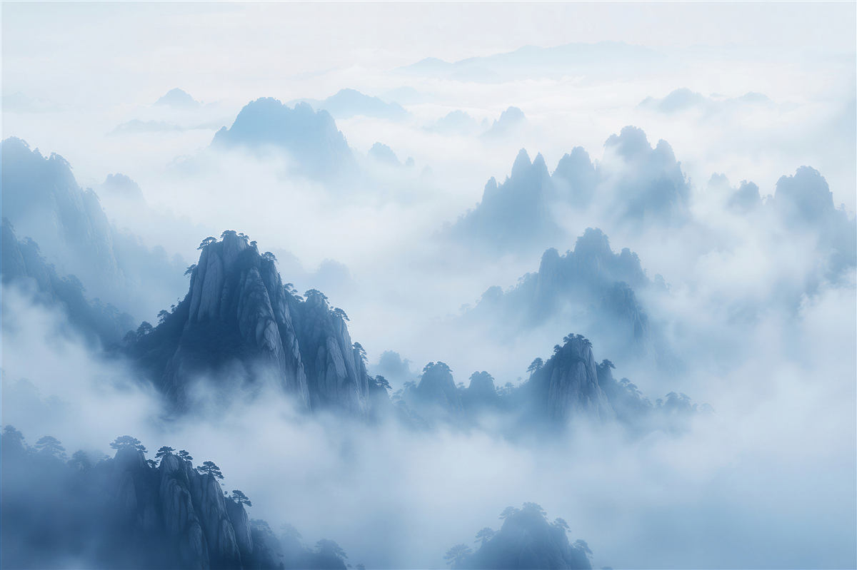 Fototapeten blaue Berge im Meernebel