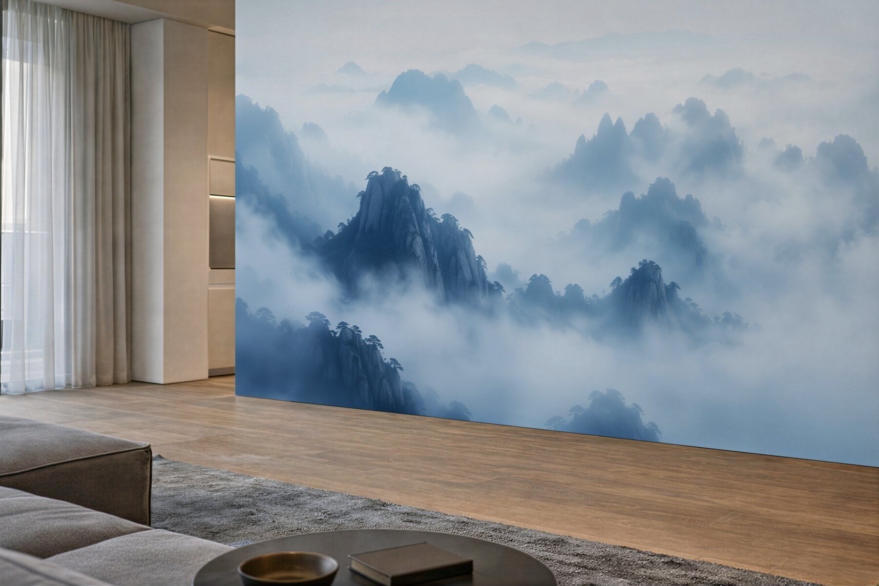 Fototapeten blaue Berge im Meernebel
