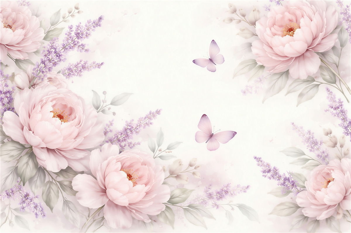 Fototapeten rosa Pfingstrosen mit Lavendel und Schmetterlingen