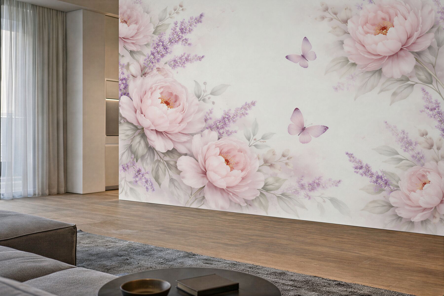 Fototapeten rosa Pfingstrosen mit Lavendel und Schmetterlingen