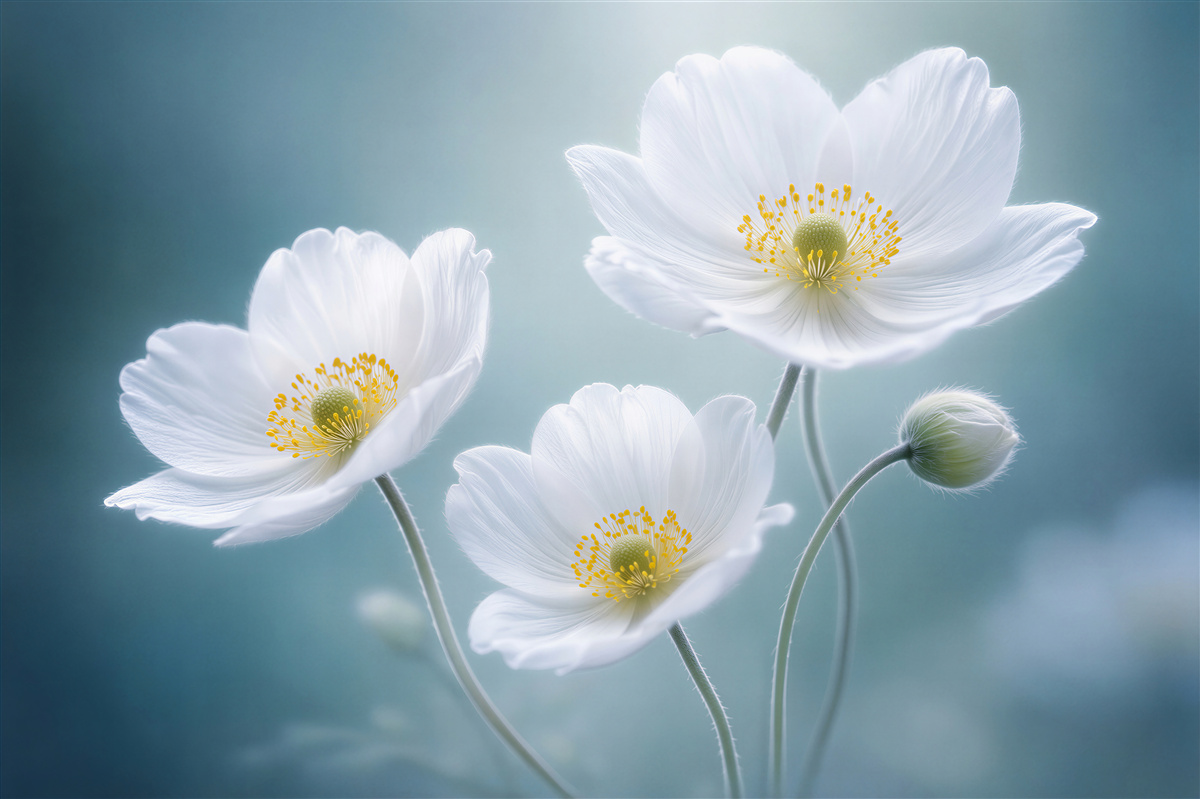 Fototapeten ätherische weiße Blumen im Blau