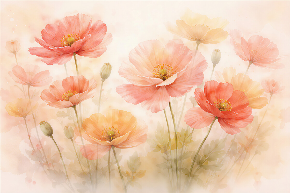 Fototapeten pastellfarbene Mohnblumen bei Sonnenaufgang