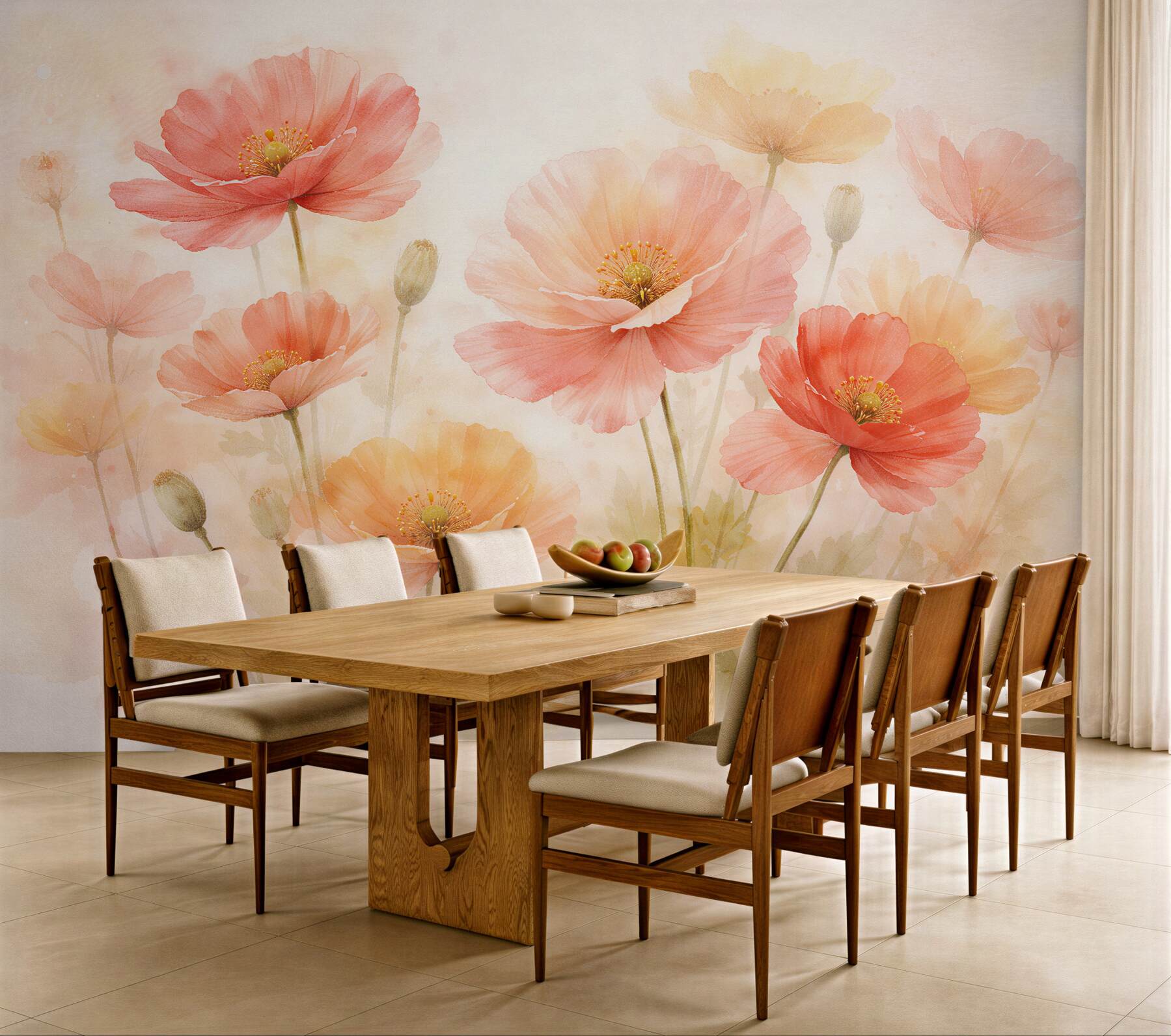 Fototapeten pastellfarbene Mohnblumen bei Sonnenaufgang
