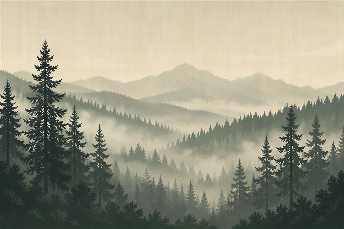 Fototapeten nebliger Wald und Berggipfel