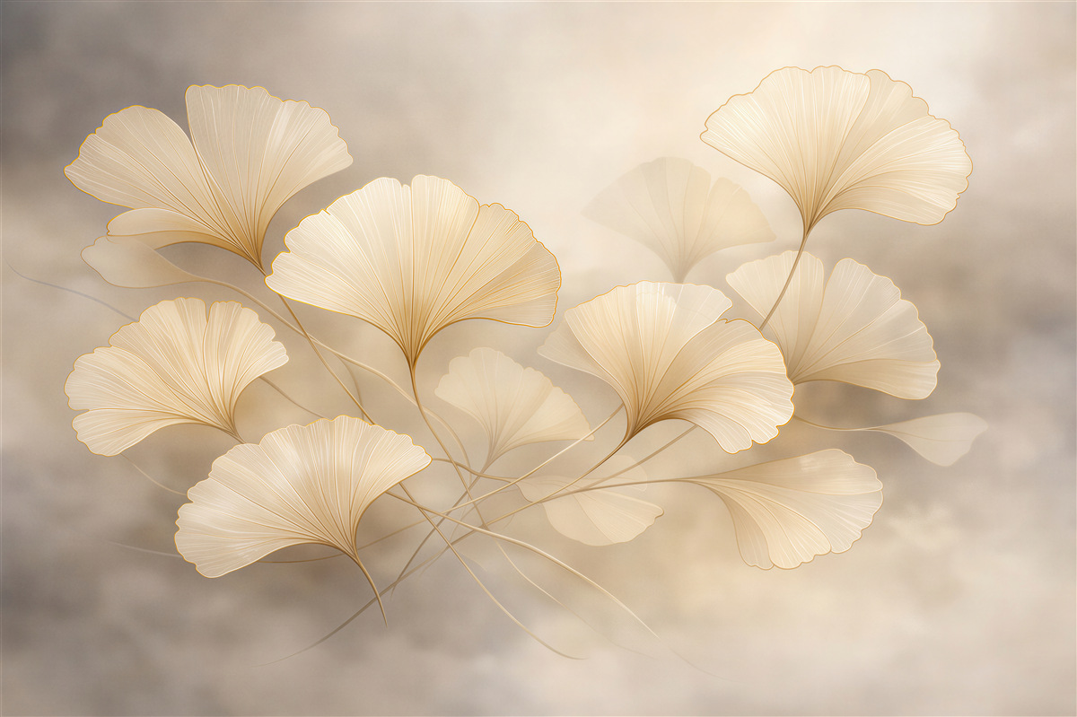 Fototapeten goldene Ginkgo-Blätter im Nebel