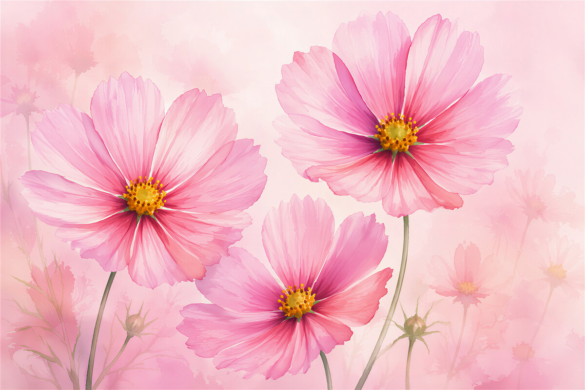 Fototapeten rosa Kosmos im Aquarellstil