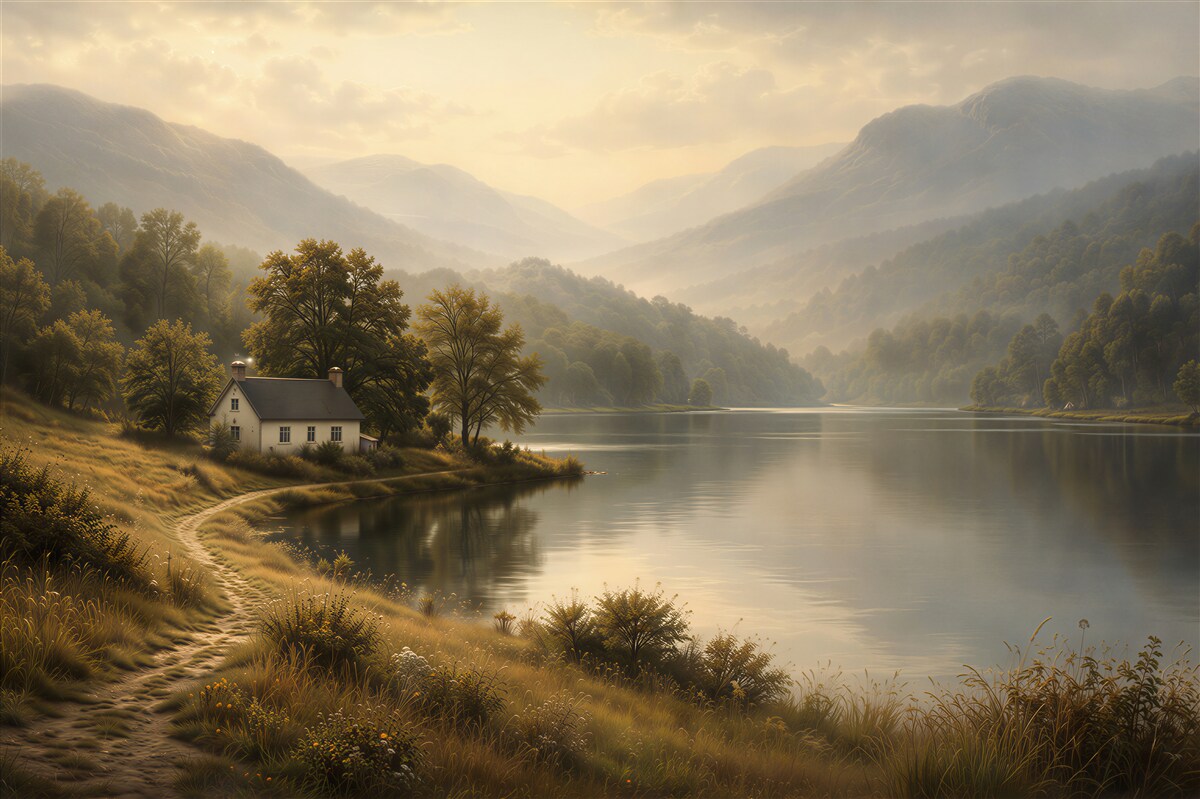 Fototapeten goldene Tal mit einem Haus am See
