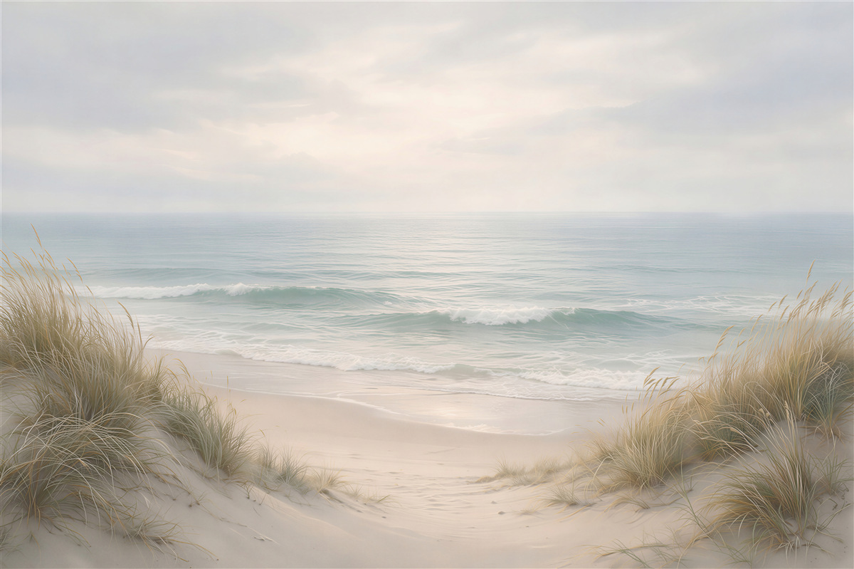 Fototapeten pastellfarbener Strand bei Sonnenaufgang