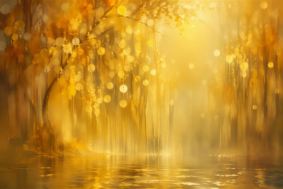 Fototapeten goldener Märchenwald am Wasser