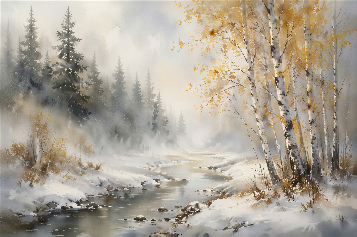 Fototapeten Winterbach zwischen Birken