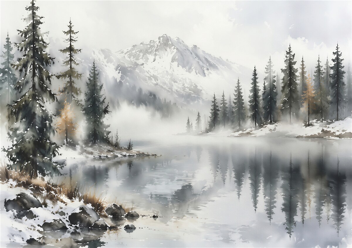 Fototapeten nebliger Bergsee Landschaft