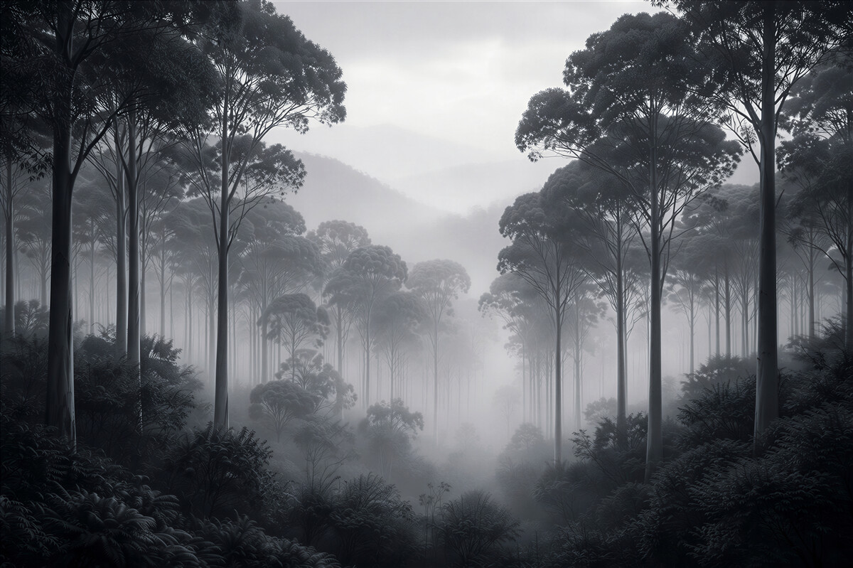 Fototapeten dunkler Wald in Nebel gehüllt