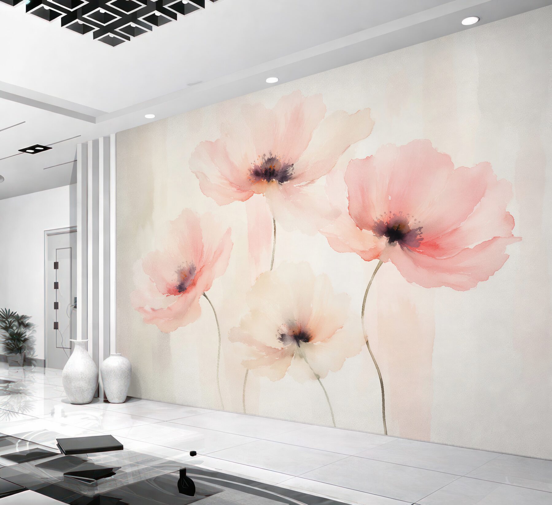 Fototapeten pudrige Mohnblumen in zarter Aquarell