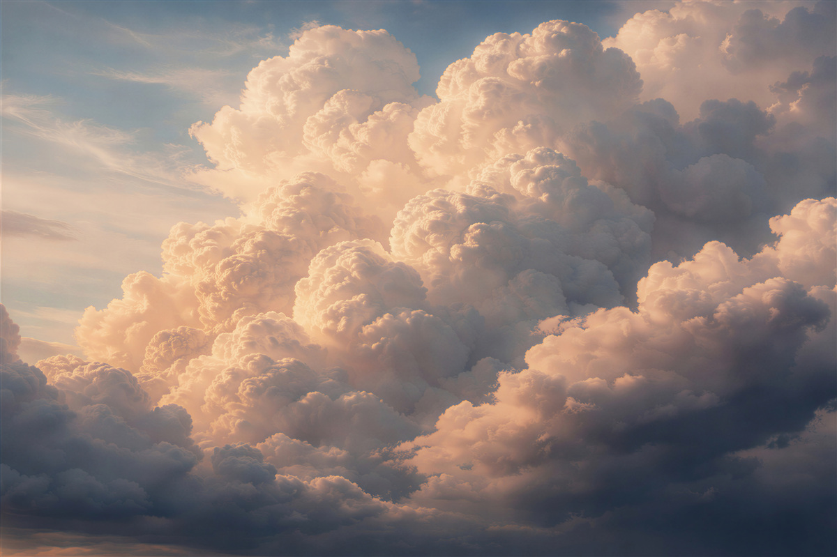 Fototapeten flauschige Wolken im warmen Licht
